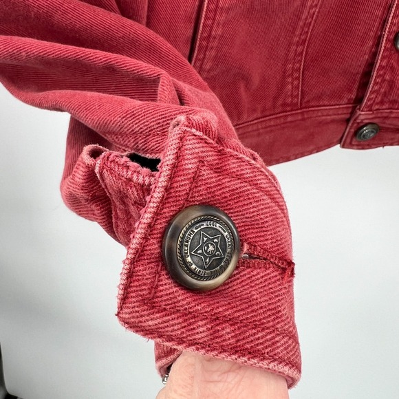 Vintage 80s Lizwear croped trucker denim jacket burgundy red corduroy accent M - Picture 3 of 16